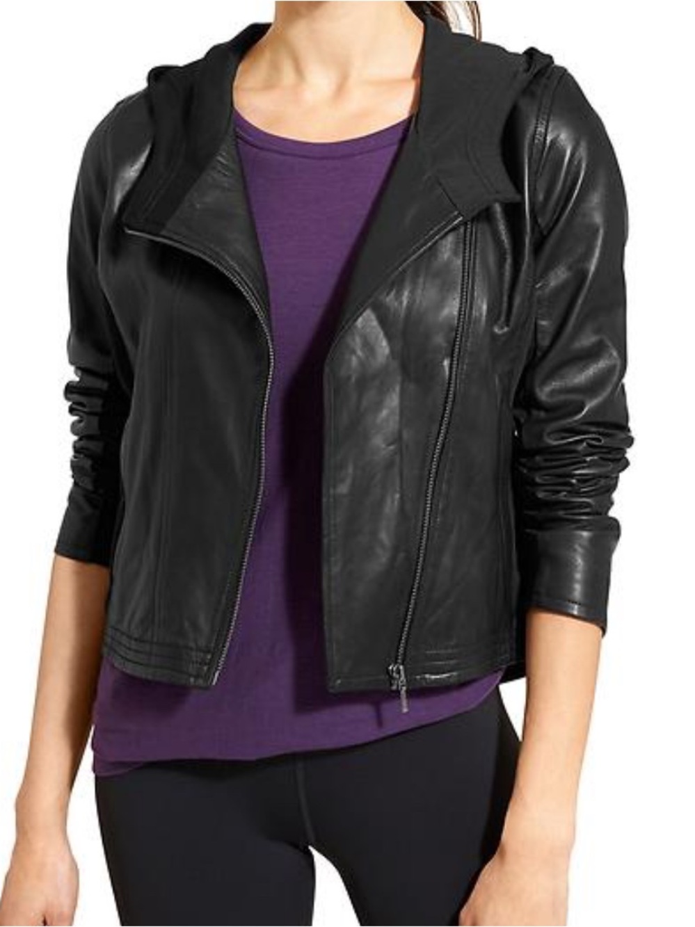 Athleta Fog City Leather Jacket With Hood— Size Small- Women’s— Black